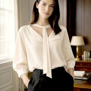 NWT Worthington Ivory Tie-Neck Lapel Blouse (XXL) Cuffs 3/4 Sleeves Plus Top